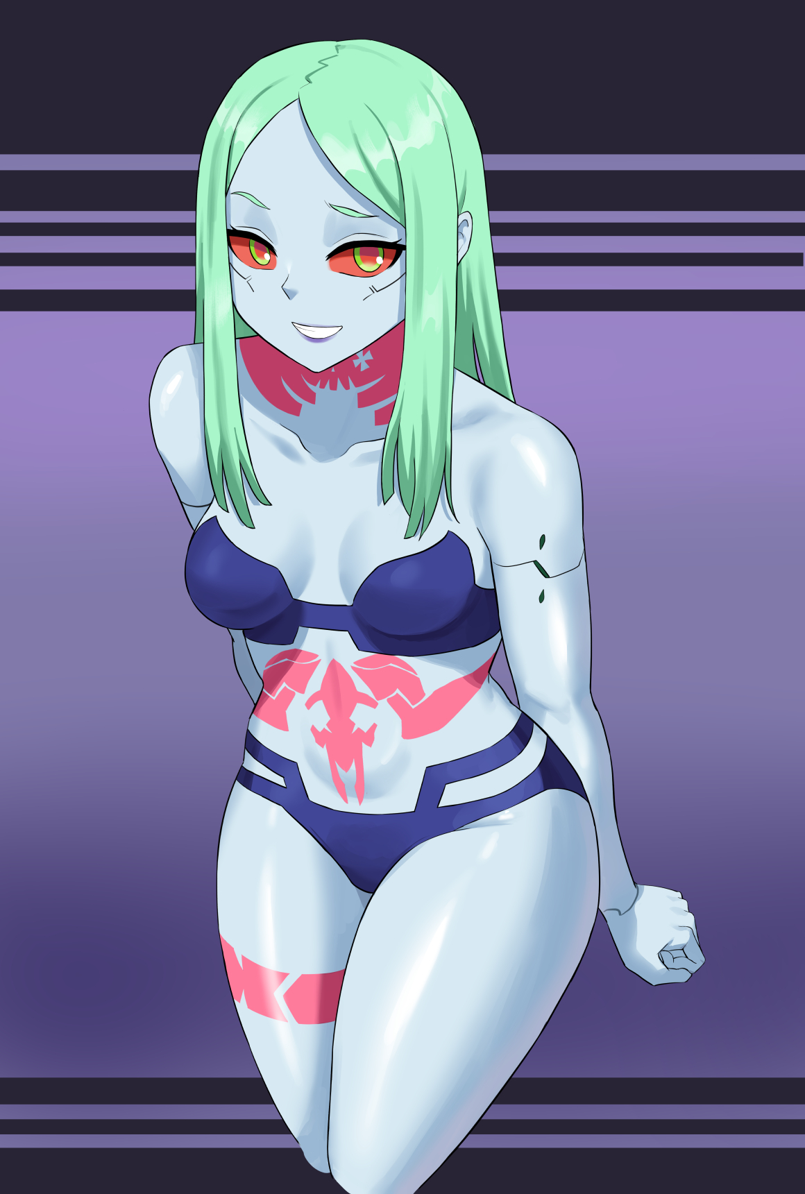 1girls, 2d, baracco, breasts, cd projekt red, cyberpunk 2077, cyberpunk: edgerunners, female, female only, panties, rebecca (edgerunners), small breasts, smile, solo, studio trigger, thick thighs, underwear