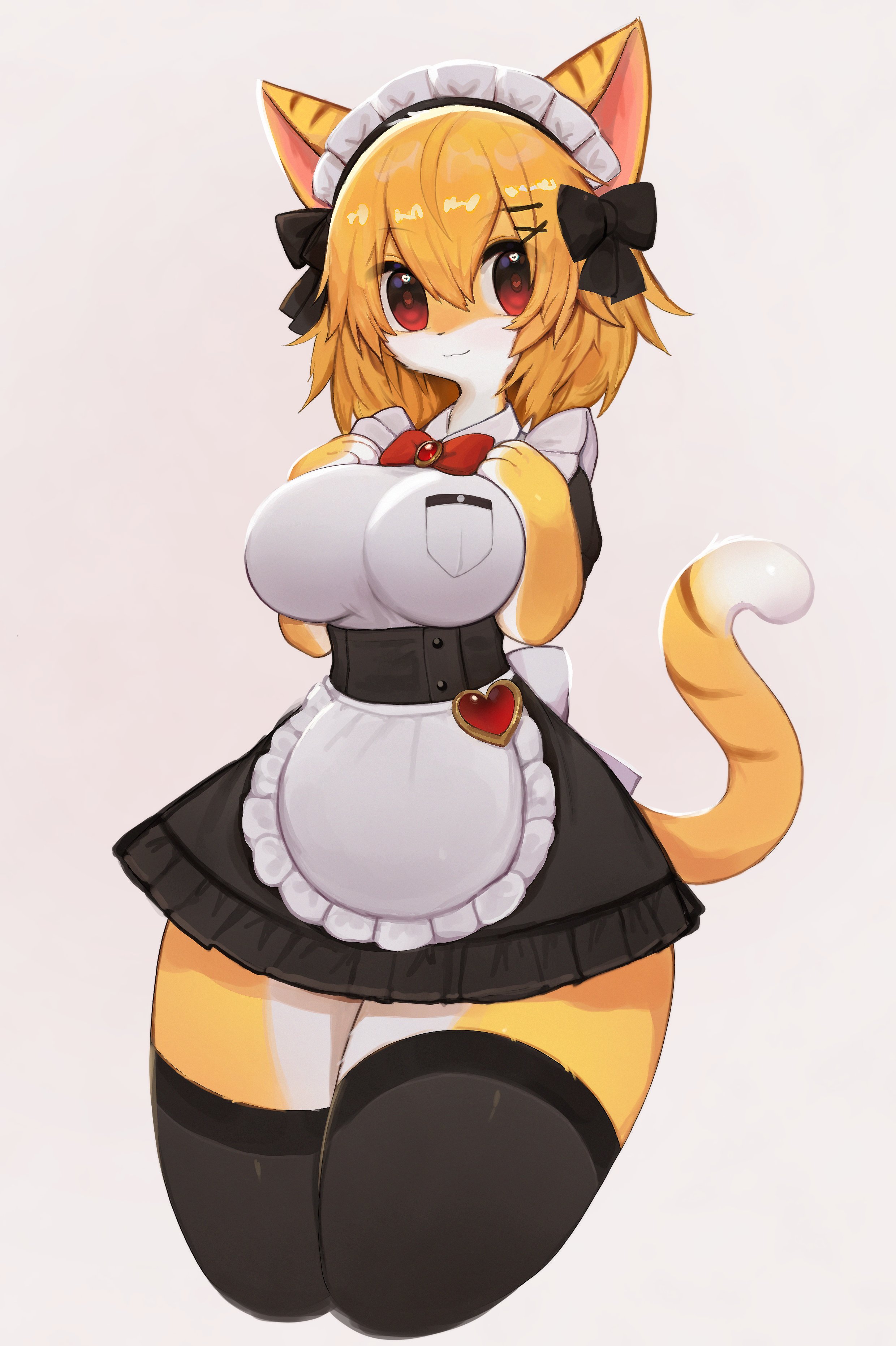 1girls, anthro, big breasts, breasts, cat ears, cat tail, countershading, cute, felid, feline, female, female only, fur, furry, hair ribbon, kemono, looking at viewer, maid, maid headdress, maid uniform, medium hair, red eyes, smiling, smiling at viewer, soda uyu, solo, stockings, striped tail, tail, thick thighs, very high resolution, white background, wholesome, yellow fur, yellow hair