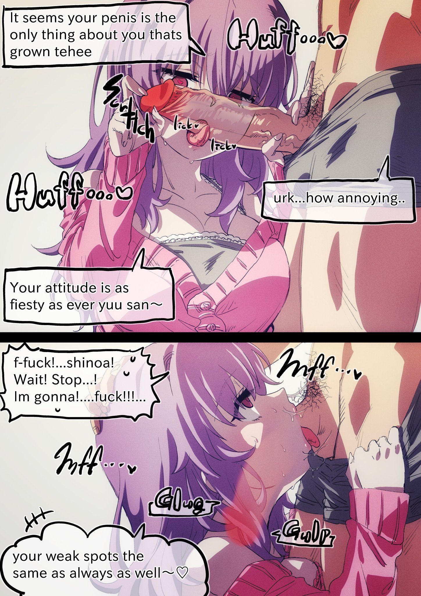 1boy, 1girls, blowjob, boxer briefs, boxers, breasts, comic, condom, condom on penis, deepthroat, english text, erection, fellatio, female, femdom, heart-shaped pupils, hiiragi shinoa, hyakuya yuuichirou, large breasts, licking penis, light skin, light-skinned female, light-skinned male, male, oral, owari no seraph, penis, pubes, pubic hair, purple hair, sloppy, snot, tongue, tongue out, underwear