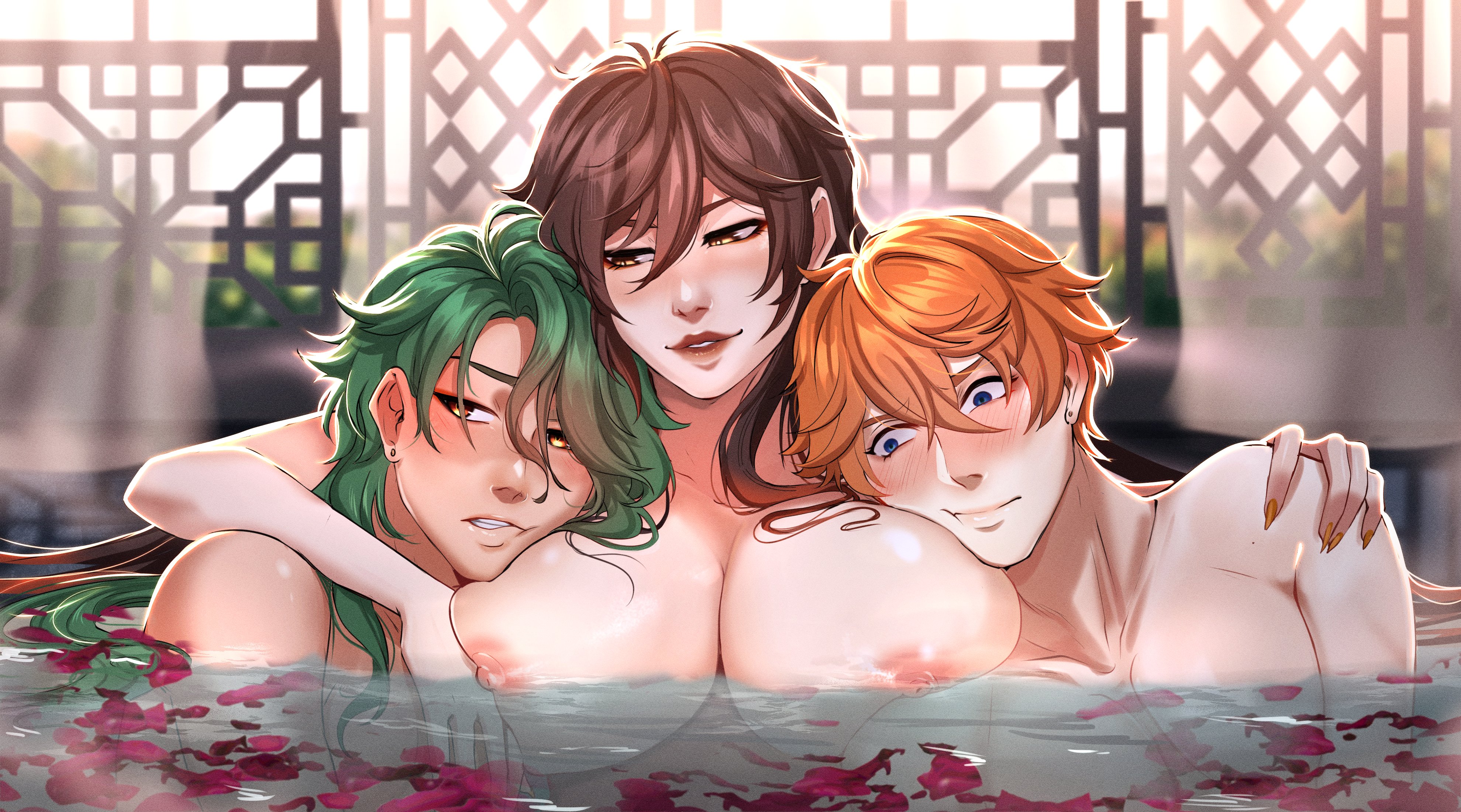 1girls, 2boys, areolae, baizhu (genshin impact), bath, bathing, big breasts, blue eyes, blush, blush lines, breasts, brown hair, childe (genshin impact), female, genderswap, genderswap (mtf), genshin impact, green hair, head on breasts, lewdcontainer, light skin, light-skinned female, light-skinned male, long hair, male, male/female, nipples, orange hair, partially submerged, rule 63, short hair, tagme, tartaglia (genshin impact), water, yellow eyes, zhongli (genshin impact), zhongli jiejie