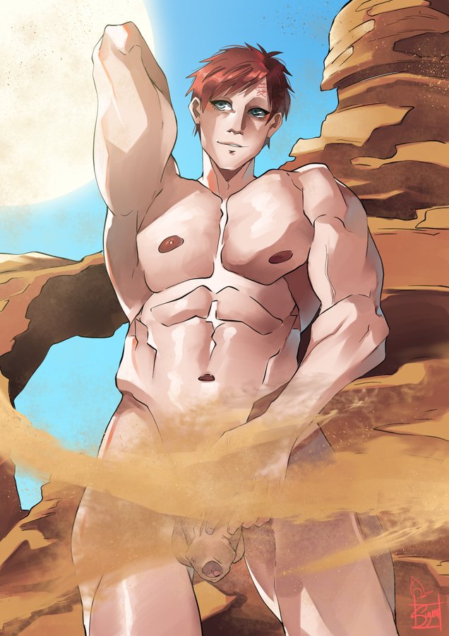 desert gaara male male_only muscles muscular muscular_male naruto naruto_shippuden outdoors outside posing sand suzumeyaoi teen_boy uncut veiny_penis