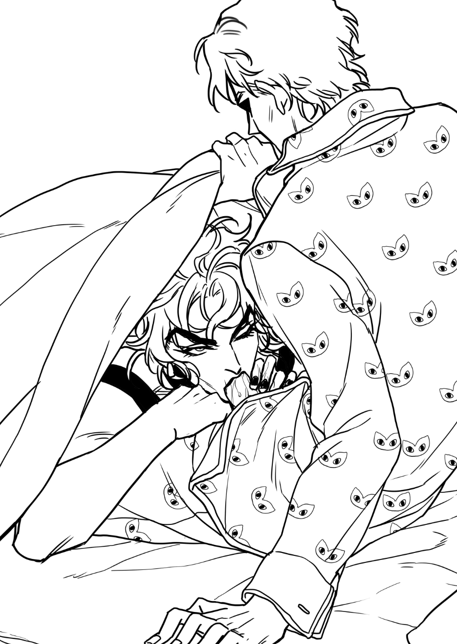 2boys bed_sheet diamond_is_unbreakable dio_brando erection eyelashes fellatio gay huang_lia jojo's_bizarre_adventure long_hair looking_at_another male_focus monochrome multiple_boys nail_polish one_eye_closed oral pajamas penis short_hair stardust_crusaders yaoi yoshikage_kira