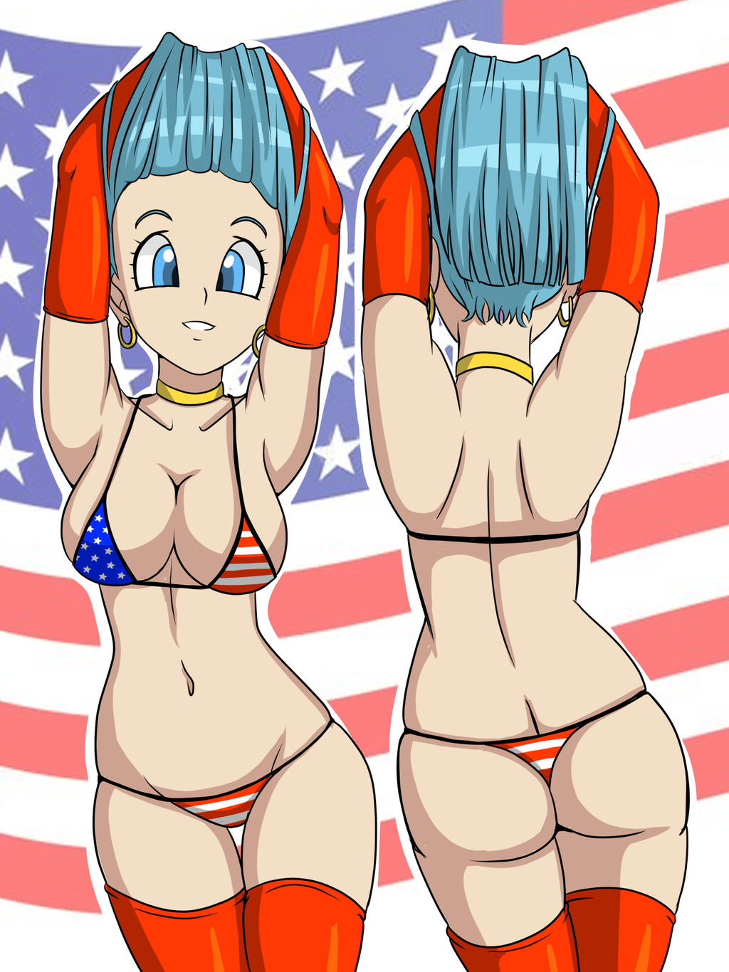 1girls american_flag american_flag_bikini aqua_hair armpits arms_behind_head ass big_ass big_breasts bikini blue_eyes bra_(dragon_ball) bra_briefs breasts bubble_butt busty cleavage dat_ass dragon_ball female female_focus female_only flag_print highres large_breasts legs looking_at_viewer multiple_views navel ponytail pose posing sensual sexy_armpits smile solo swimsuit thick_thighs thighs thong thong_bikini voluptuous