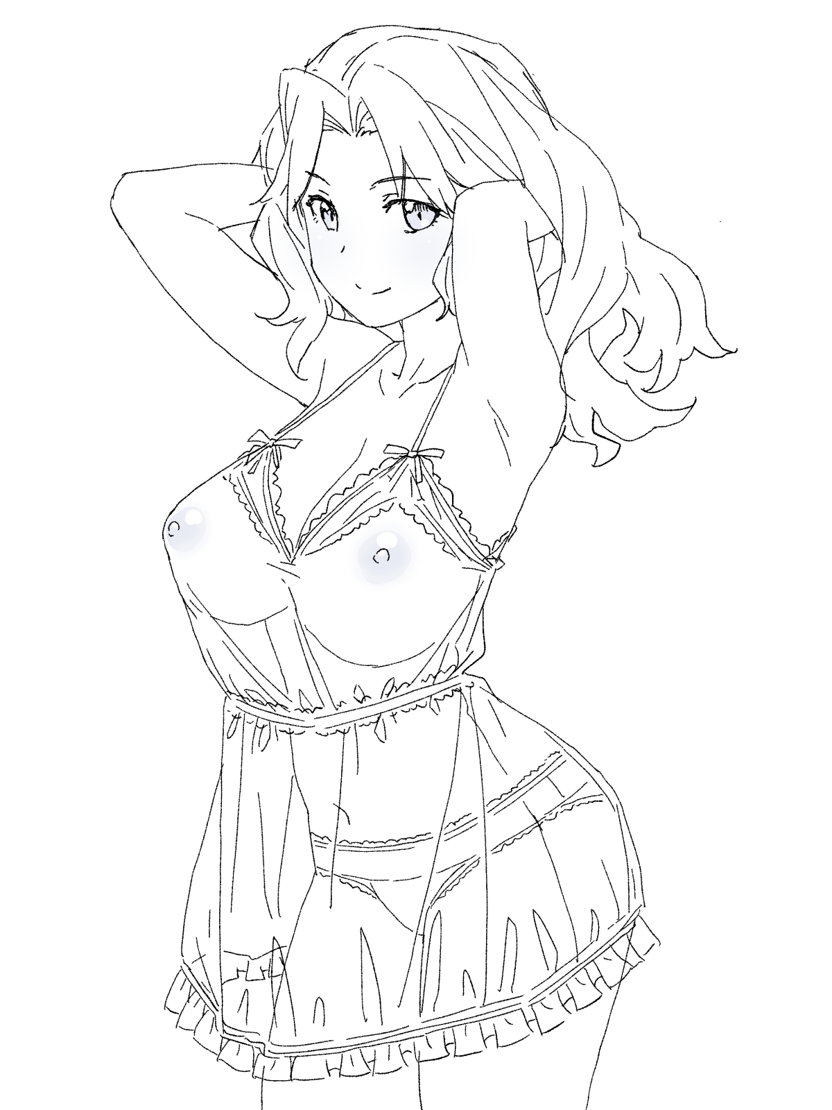 1girls, armpits, arms behind back, big breasts, breasts, busty, confident, cowboy shot, dress, female, female only, girls und panzer, greyscale, highres, kay (girls und panzer), large breasts, line art, long hair, looking at viewer, monochrome, navel, nipples, onsen tamago (hs egg), panties, posing, see-through, see-through dress, sensual, sexy armpits, simple background, smile, solo, underwear, voluptuous, white background