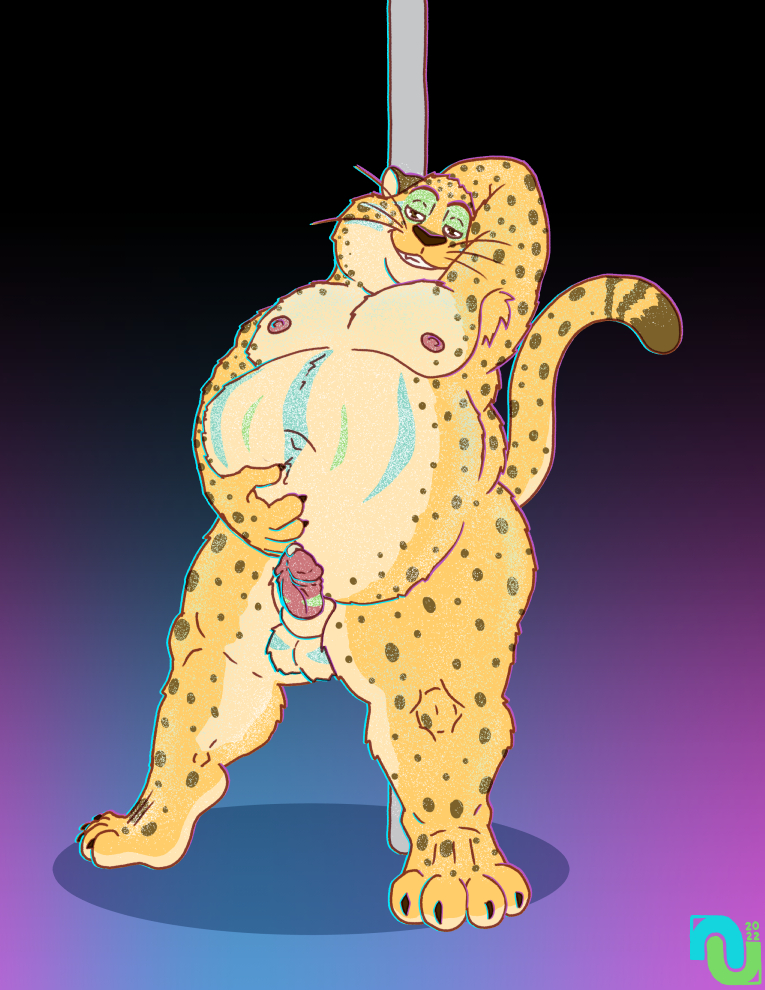 2022 4_fingers 4_toes anthro armpit_tuft balls belly benjamin_clawhauser bodily_fluids cheetah cum dancing digital_media_(artwork) disney feet felid feline fingers fur genital_fluids genitals looking_at_viewer male mammal nenana-uso nipples nude overweight overweight_anthro overweight_male penis pole pole_dancing precum smile solo spots spotted_body spotted_fur stripper_pole toes tuft whiskers yellow_body yellow_fur zootopia