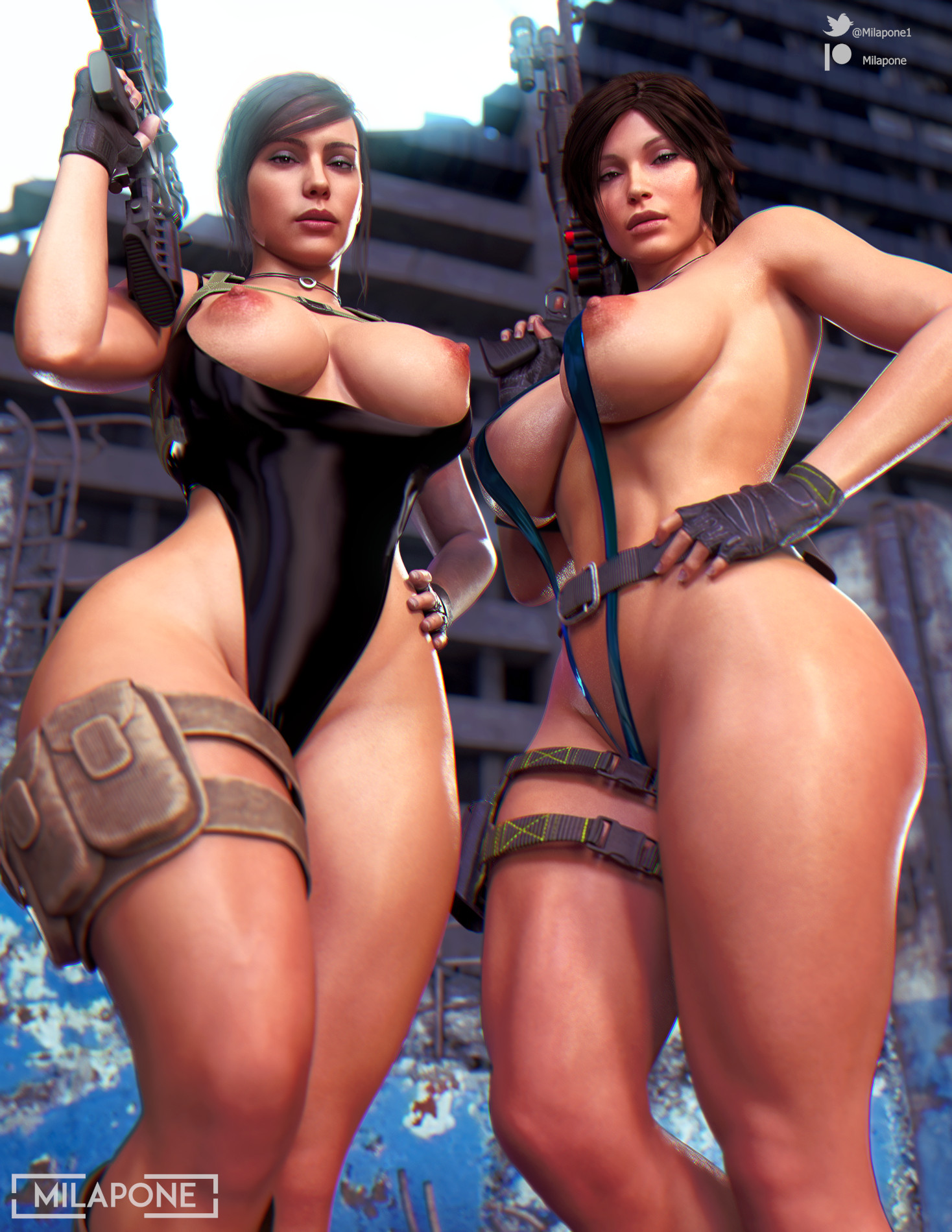 2022, 2girls, 3d, ass, belt, big ass, big breasts, bikini, breasts, breasts out, call of duty, call of duty modern warfare (2019), call of duty modern warfare 2 (2022), crossover, daz studio, exposed breasts, female, female only, gun, lara croft, lara croft (survivor), mara (cod), milapone, one-piece swimsuit, outside, rifle, sling bikini, swimsuit, thick thighs, tomb raider, tomb raider (survivor)