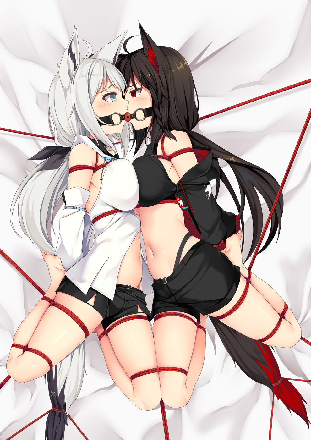 2girls animal_ears arms_behind_back ball_gag bangs bare_legs bare_shoulders barefoot black_hair black_shirt black_shorts bondage bound bound_together breast_press breasts crop_top detached_sleeves female femsub forced_yuri fox_ears gag gagged gagged_together highres hololive hololive_gamers hololive_gen_1 hololive_japan kurokami_fubuki large_breasts long_hair midriff multiple_girls multiple_subs navel red_eyes rope shared_gag shirakami_fubuki shirt short_shorts shorts silver_hair stomach thighs virtual_youtuber white_hair white_shirt yasume_yukito