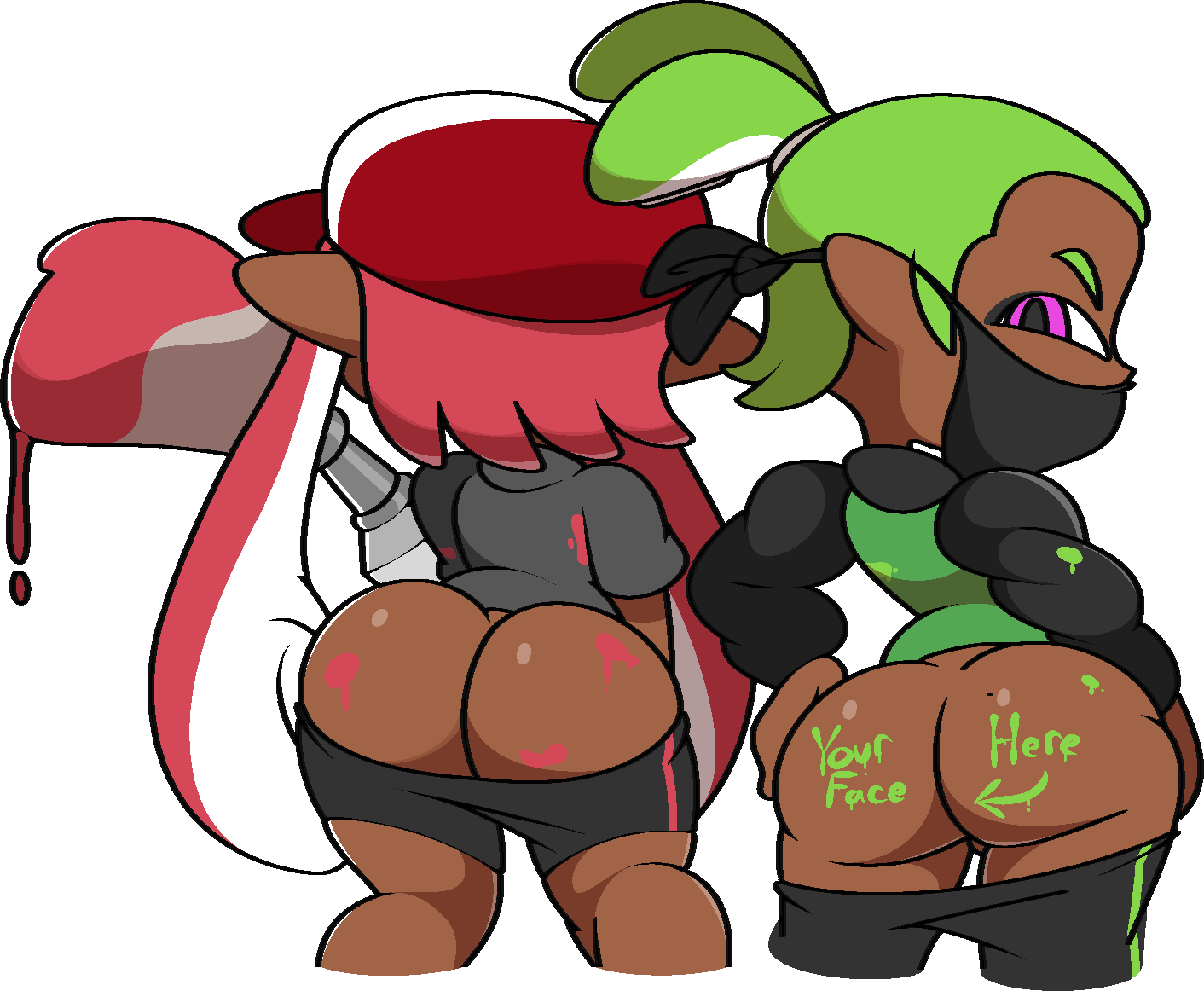 1boy 1girls animal_humanoid anthro ass ass_cleavage big_ass body_writing bubble_butt butt_crack cephalopod cephalopod_humanoid dark-skinned_female dark-skinned_male dark_skin female humanoid inkling inkling_boy inkling_girl laura_(splatoon) long_sleeves looking_at_viewer looking_back male mask mask_(marking) mooning nintendo paintbrush pointy_ears pseudo_hair shirt shorts shorts_down simple_background splatoon splatoon_(series) squid tentacle tentacle_hair the_big_dicked_lime_inkling thick_thighs vilepluff