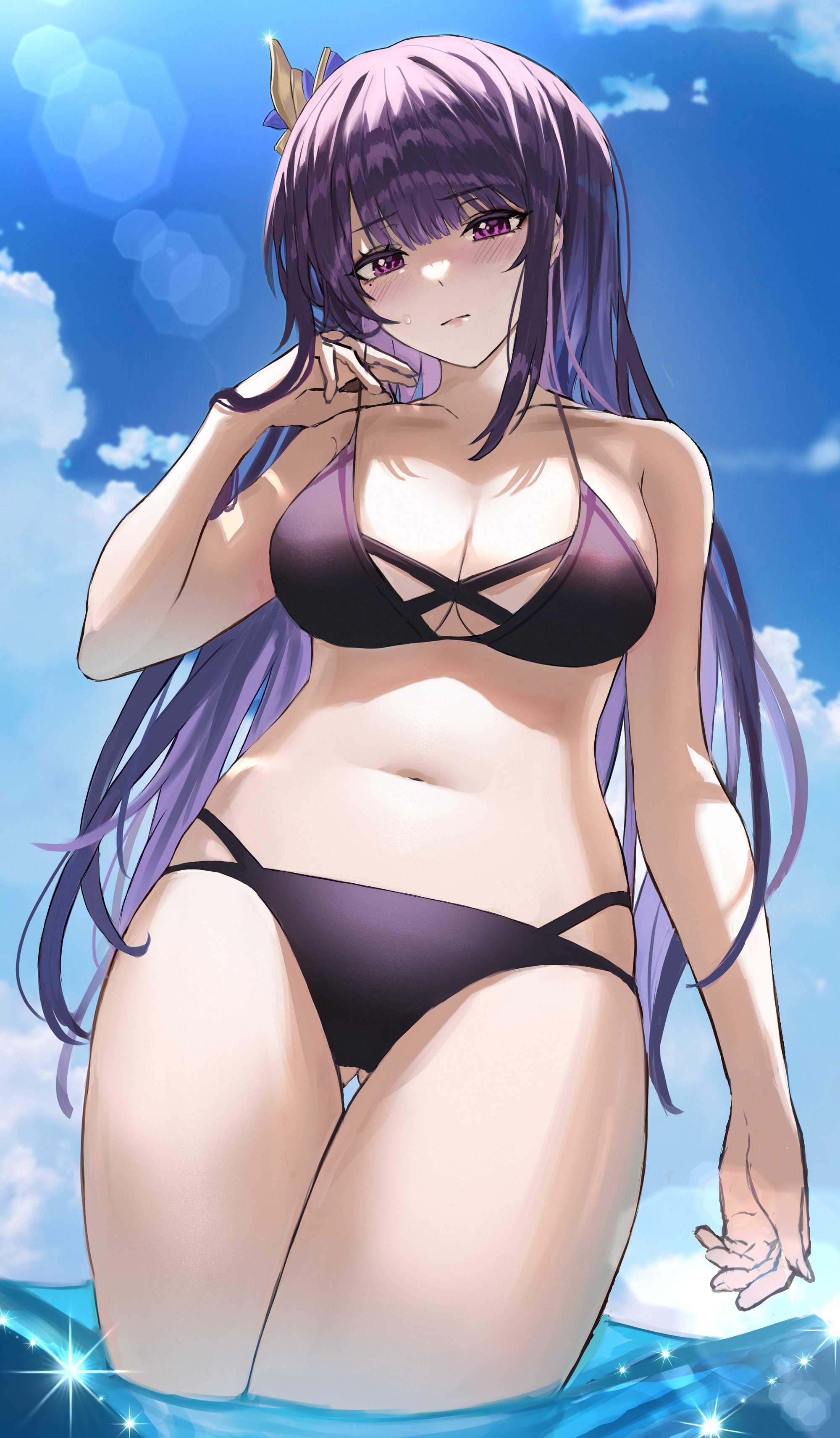 1girls, absurd res, absurdres, arms up, ass visible through thighs, bangs, bare shoulders, belly, belly button, bikini, blush, blush lines, blushing at viewer, breasts, cleavage, closed mouth, cloud, clouds, cloudy sky, day, eyebrows visible through hair, female, female focus, female only, genshin impact, hair ornament, hi res, high resolution, highres, large breasts, light skin, light-skinned female, long hair, looking at viewer, midriff, mole, mole under eye, momimi, navel, partially submerged, purple bikini, purple eyes, purple hair, raiden shogun, shiny, shiny clothes, shiny skin, shy, solo, solo female, solo focus, stomach, swimsuit, thigh gap, thighs, touching hair, wading, water