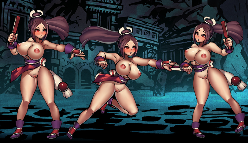 big_breasts blush brown_hair crossover darkest_dungeon exposed_pussy fan fatal_fury huge_breasts king_of_fighters mai_shiranui niur ponytail red_eyes snk