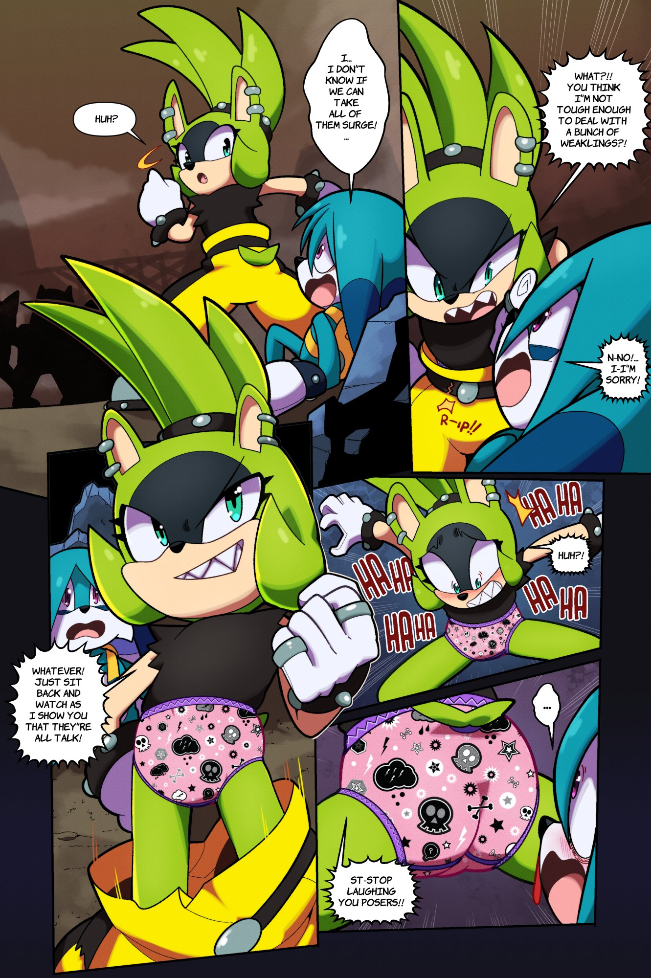 ass, ass focus, beige fur, beige skin, black shirt, blush, childish panties, euf dreamer, euf-dreamer, female, fennec, furry, green fur, green skin, humiliation, idw comics, idw publishing, kitsunami the fennec, laugh, light blue fur, mad face, mobian (species), nervous, panties, pants down, pattern underwear, pink panties, print panties, purple eyes, sega, sonic (series), sonic the hedgehog (comics), sonic the hedgehog (idw), sonic the hedgehog (series), surge the tenrec, surprised, tenrec, turquoise eyes, white fur, yellow pants