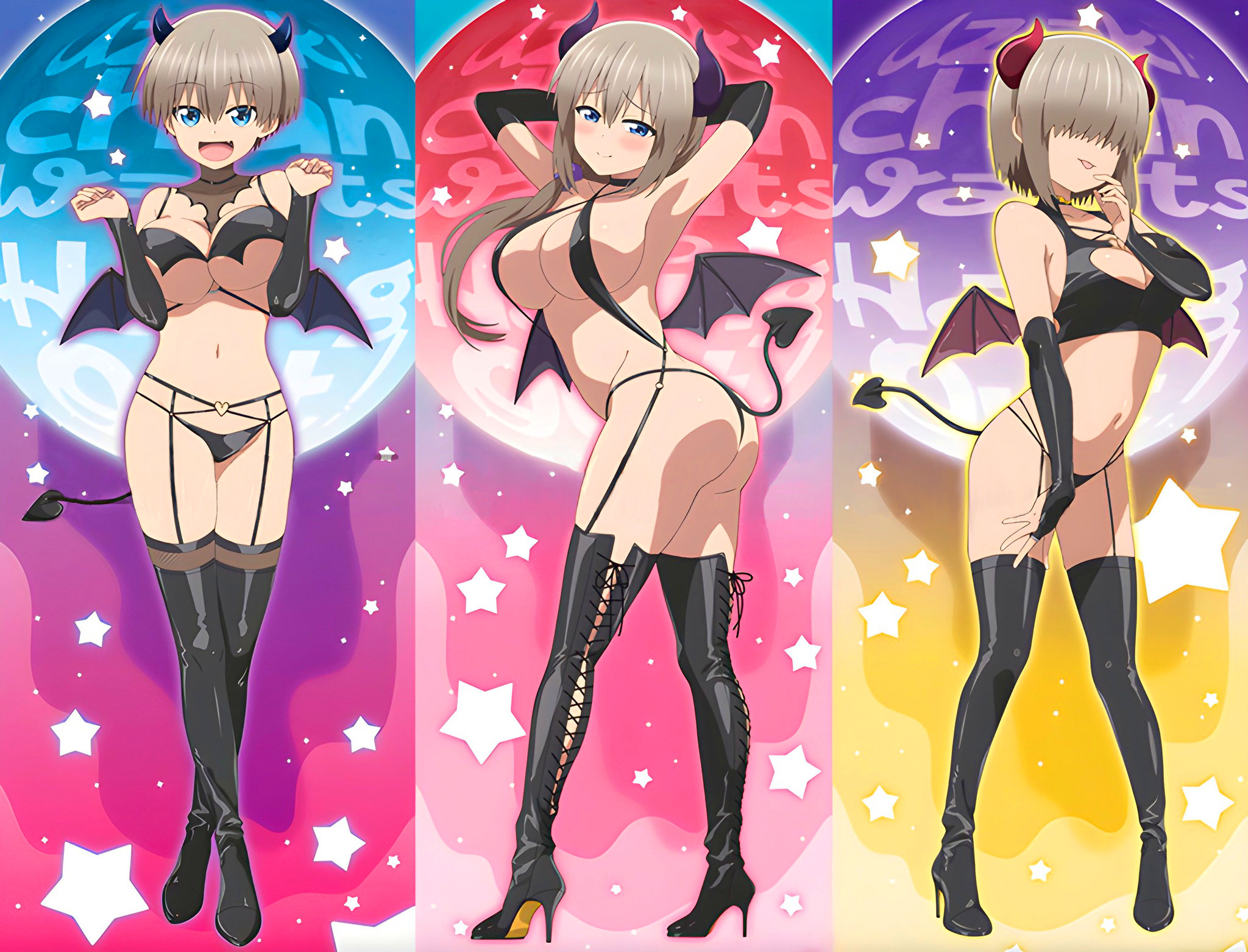 3girls, blue eyes, cosplay, costume, daughter, demon, demon girl, demon horns, demon tail, demon wings, female, highres, horns, long hair, mature, mature female, milf, mother, mother and daughter, multiple females, multiple girls, short hair, tail, uzaki hana, uzaki tsuki, uzaki yanagi, uzaki-chan wa asobitai!, wings