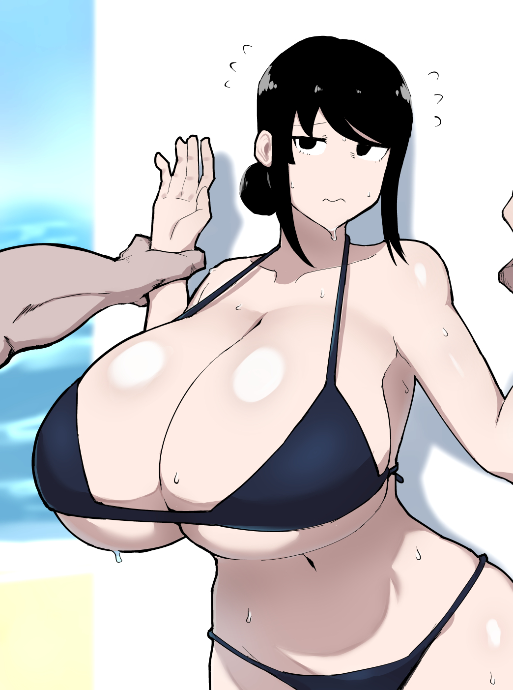 against_wall beach bikini black_hair blue_sky breasts day female fujou_joshi gigantic_breasts hair_bun highres holding_another's_wrist imminent_rape imminent_sex midriff original short_hair sidelocks sky solo_focus sweat sweatdrop swimsuit uncomfortable water worried