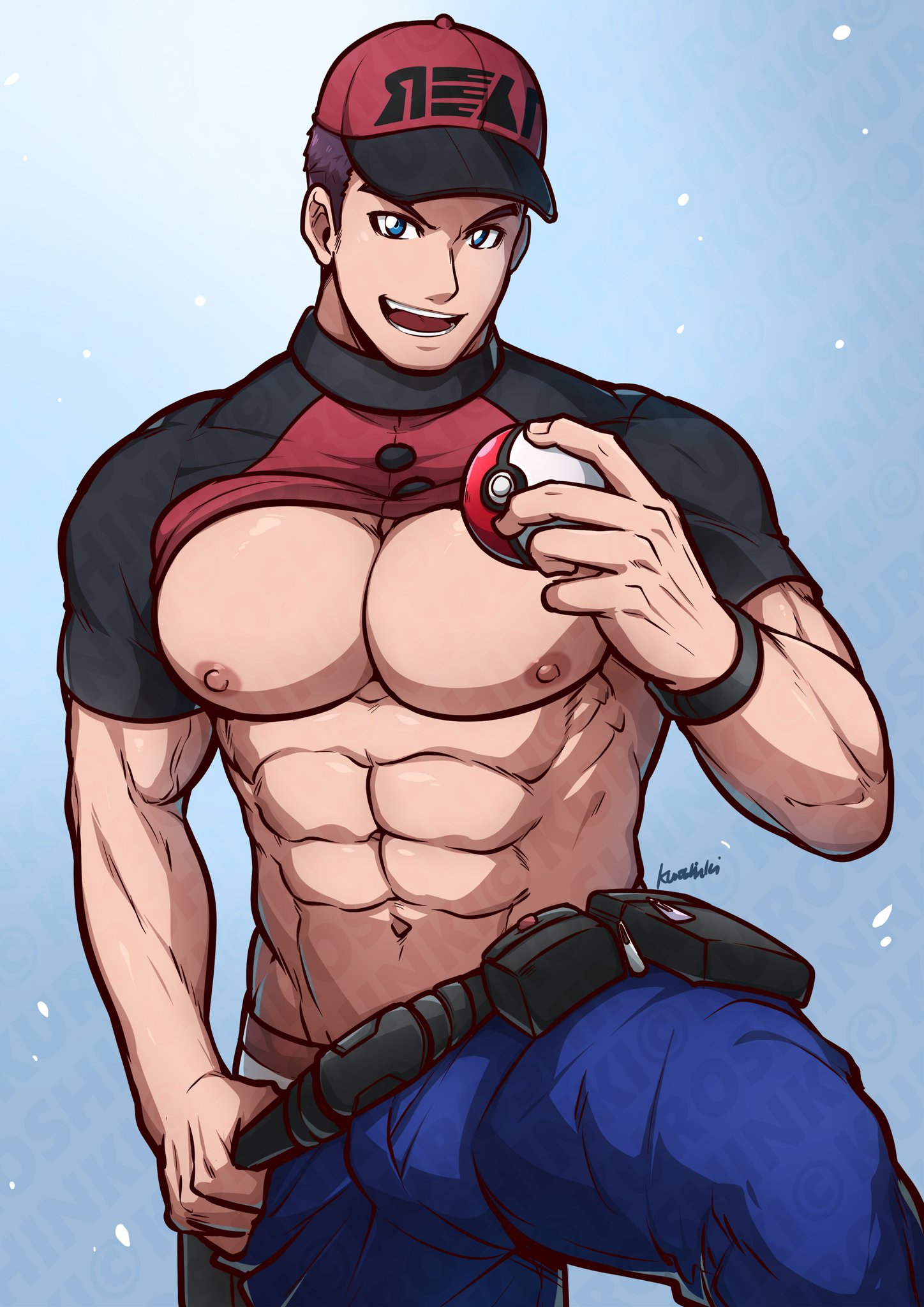 1boy, abs, big pecs, bulge, courier (pokemon), kuroshinki, male, male only, muscles, muscular, muscular male, navel, nipples, npc trainer, pecs, pokeball, pokemon, pokemon sv, posing, shirt lift, solo, teasing
