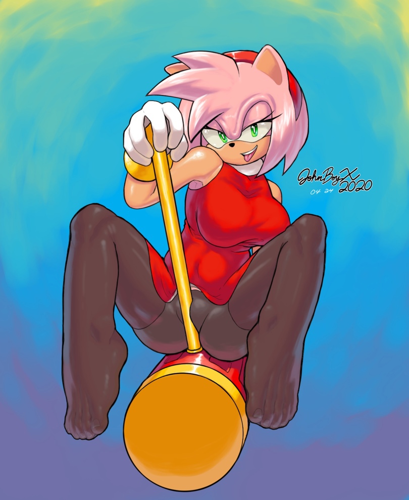 1girls 5_fingers 5_toes amy_rose anthro bangs big_breasts cameltoe gloves green_eyes hairband hammer hand_on_weapon johnboyx legs_up looking_at_viewer pantyhose perky_breasts piko_piko_hammer pink_fur short_skirt smile solo sonic_(series) tight_clothing tongue_out weapon white_panties