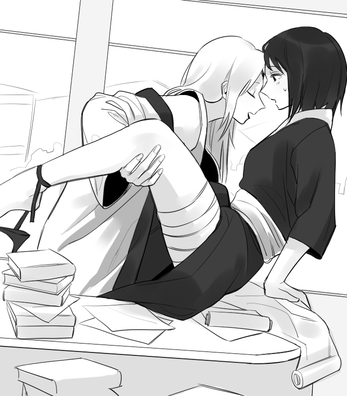 2girls, 437, bandages, book, desk, female, female only, high heels, implied sex, japanese clothes, leg lift, monochrome, multiple females, multiple girls, naruto, naruto (series), naruto shippuden, off shoulder, scroll, shizune, shoes, shoes removed, side slit, sweatdrop, tsunade, window, yuri