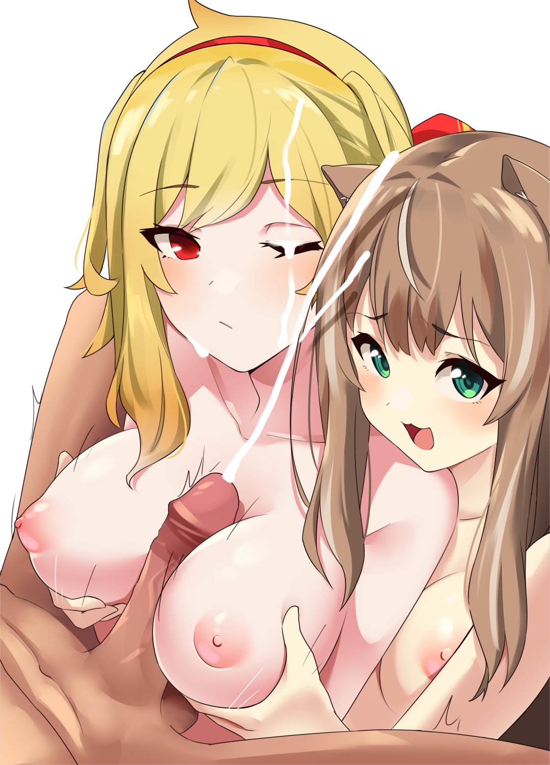 1boy 2girls 2girls1boy assisted_paizuri ayunda_risu breast_grab breast_squeeze breasts brown_hair cum cum_on_face ejaculation ffm_threesome green_eyes hololive hololive_indonesia hololive_indonesia_area_15 hololive_indonesia_holoh3ro kaela_kovalskia light-skinned_female light_skin nipples paizuri penis red_eyes threesome titjob virtual_youtuber yellow_hair yuyu5x