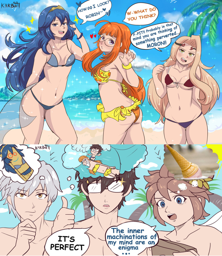 3boys 3girls ass beach bikini blue_eyes blue_hair blue_swimsuit breasts crossover ed_edd_n_eddy english_text fire_emblem fire_emblem_awakening food funny heart ice_cream karbuitt kid_icarus kid_icarus_uprising long_hair lucina_(fire_emblem) meme multiple_girls nintendo open_mouth persona persona_5 pit_(kid_icarus) ren_amamiya robin_(fire_emblem) robin_(fire_emblem)_(male) sakura_futaba small_breasts speech_bubble straight_hair super_smash_bros. swimsuit the_fairly_oddparents viridi