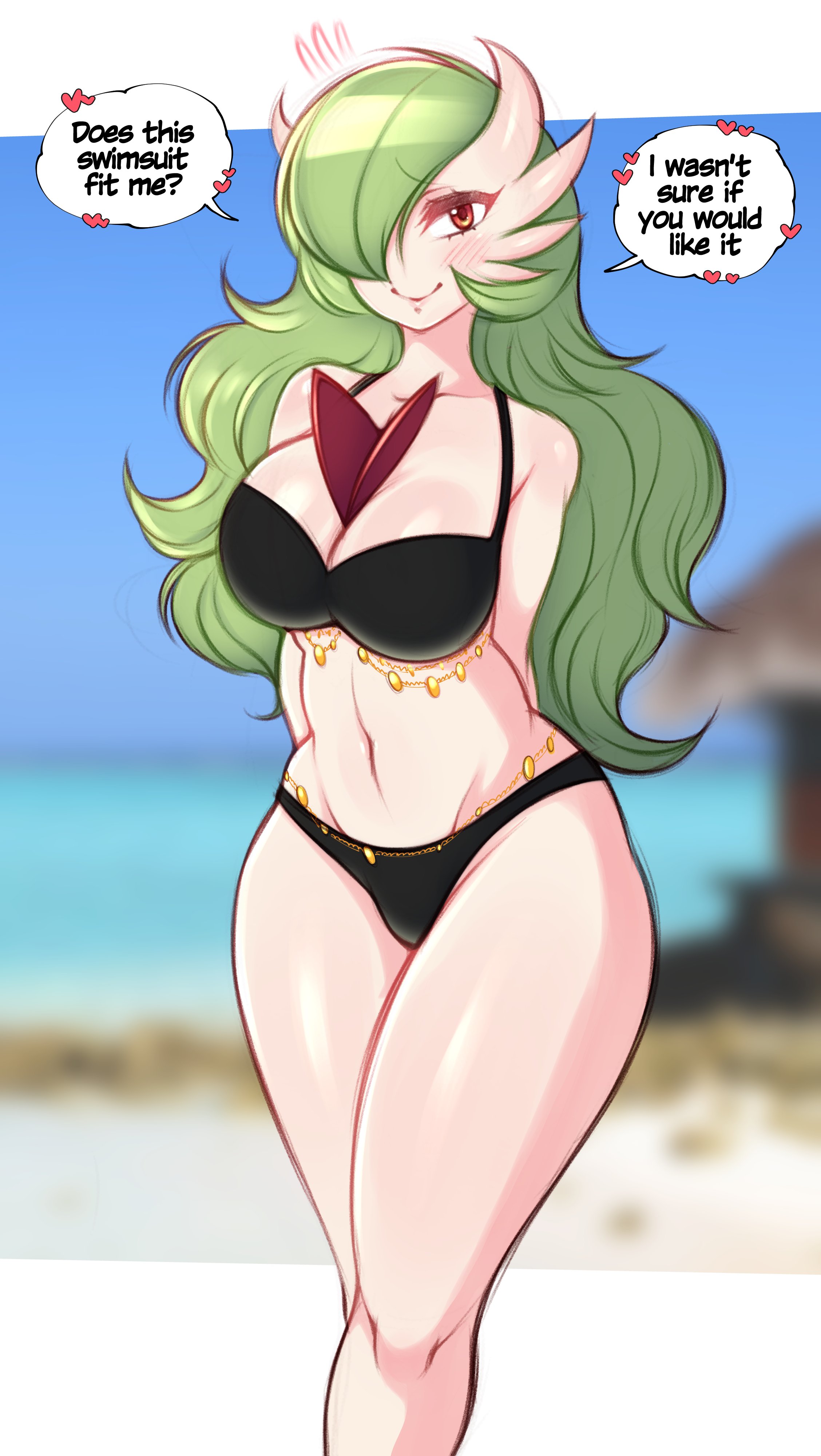 1girls, alternate hairstyle, anthro, beach, bikini, breasts, female, female only, female pokemon, gardevoir, green eyes, green hair, hi res, hips, huge breasts, large breasts, long hair, mega gardevoir, nintendo, outdoors, pokemon, pokemon (species), red eyes, saltyxodium, thick thighs, thighs, white body, wide hips