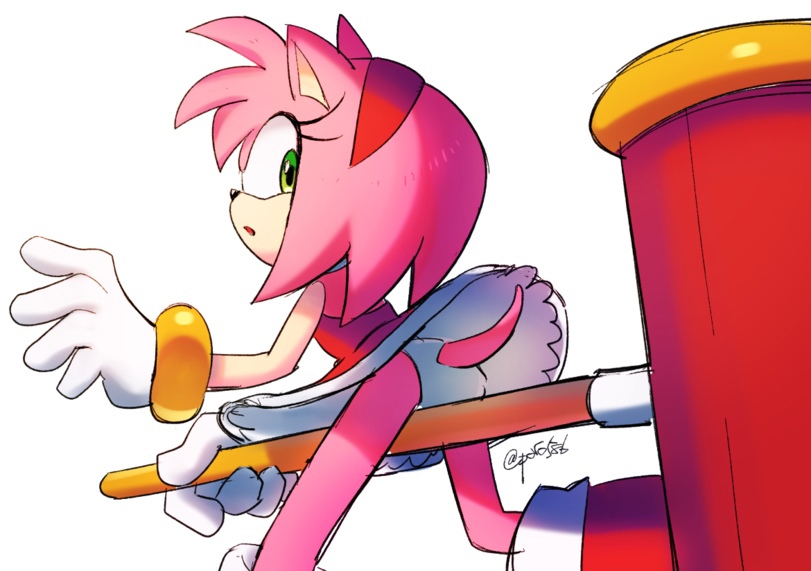 amy rose, anthro, artist request, female, hammer, looking at viewer, looking back at viewer, panties, pantyshot, piko piko hammer, solo, sonic (series), upskirt