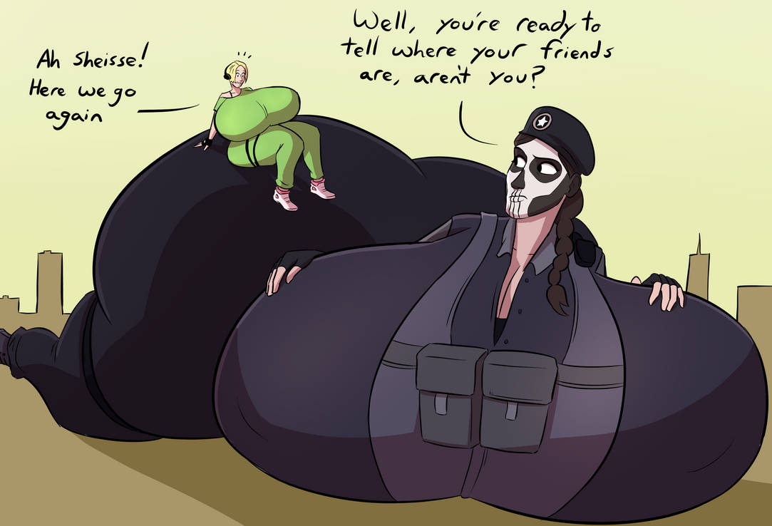 2girls alternate_costume ass_expansion brazilian brazilian_female breast_expansion bubble_butt caiman2 caveira_(rainbow_six) face_paint female giantess hyper_ass hyper_breasts iq_(rainbow_six) polakpeasant rainbow_six rainbow_six_siege sitting_on_ass size_difference text