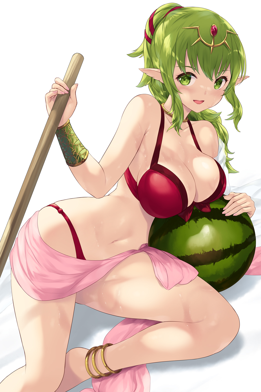 1girls alternate_costume bangs bare_shoulders bikini blush breasts cait cleavage collarbone commentary female female_only fire_emblem fire_emblem_awakening fire_emblem_heroes food fruit green_eyes green_hair highres large_breasts long_hair looking_at_viewer navel nintendo official_alternate_costume open_mouth pointy_ears ponytail red_bikini red_swimsuit smile solo swimsuit thighs tiki_(adult)_(fire_emblem) tiki_(adult)_(summer)_(fire_emblem) tiki_(fire_emblem) watermelon white_background