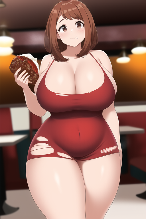 ai_generated brown_eyes brown_hair cleavage fat female food funemily1 large_breasts my_hero_academia nai_diffusion ochako_uraraka overweight red_dress smile stable_diffusion thick_thighs torn_clothes wide_hips