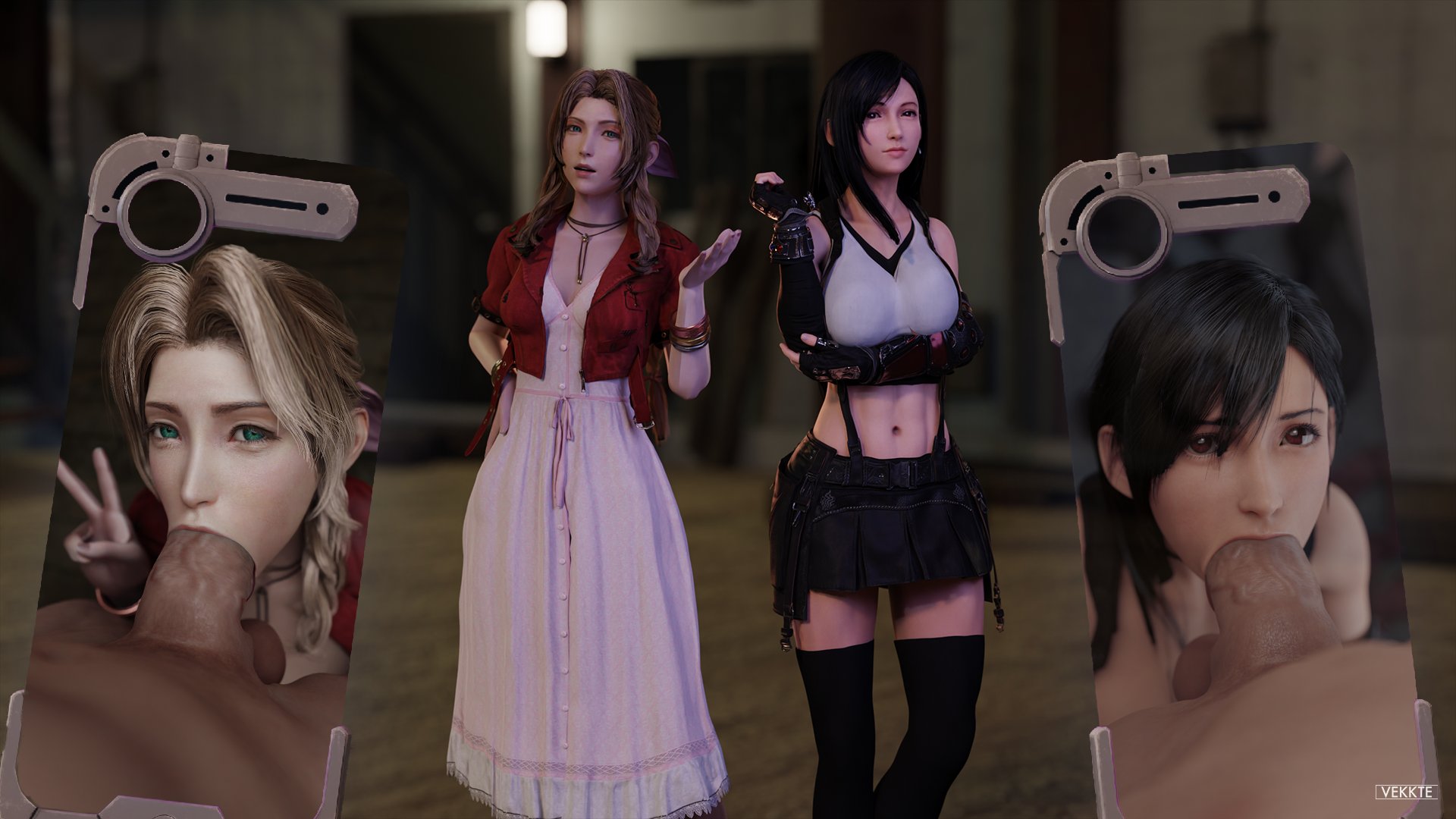 :>=, 3d, 3d (artwork), aerith gainsborough, blowjob, deepthroat, fellatio, female, final fantasy, final fantasy vii, final fantasy vii remake, juxtaposition, light skin, light-skinned male, male, tifa lockhart, vekkte, white male