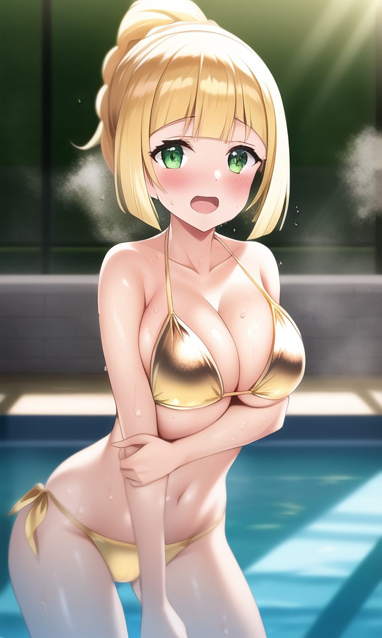 1girls, aged up, ai generated, alternate breast size, blonde hair, breasts, cleavage, female, game freak, gold bikini, green eyes, hips, huge breasts, light skin, light-skinned female, lillie (pokemon), nai diffusion, nintendo, pokemon, pokemon sm, slim waist, stable diffusion, thick thighs, thighs, tied hair, wide hips