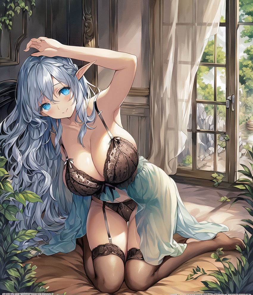 ai generated, blue eyes, commentary request, elf, elf ears, elf female, elf girl, female, nai diffusion, oc, original character, silver hair, stable diffusion, tagme, white hair