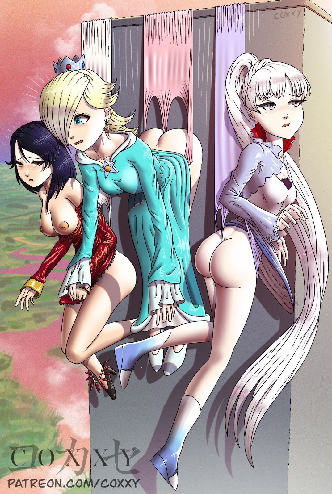 3girls, cinder fall, crossover, female, female only, femsub, hanging wedgie, mario (series), multiple females, multiple girls, outdoors, princess rosalina, rwby, sad sub, unhappy female, wedgie, weiss schnee