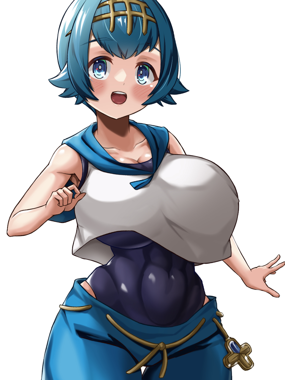 1girls alternate_breast_size blue_eyes blue_hair blush breasts clothed female game_freak hips hizakake huge_breasts lana_(pokemon) large_breasts light-skinned_female light_skin massive_breasts nintendo pokemon pokemon_sm short_hair simple_background smile thick_thighs thighs wide_hips