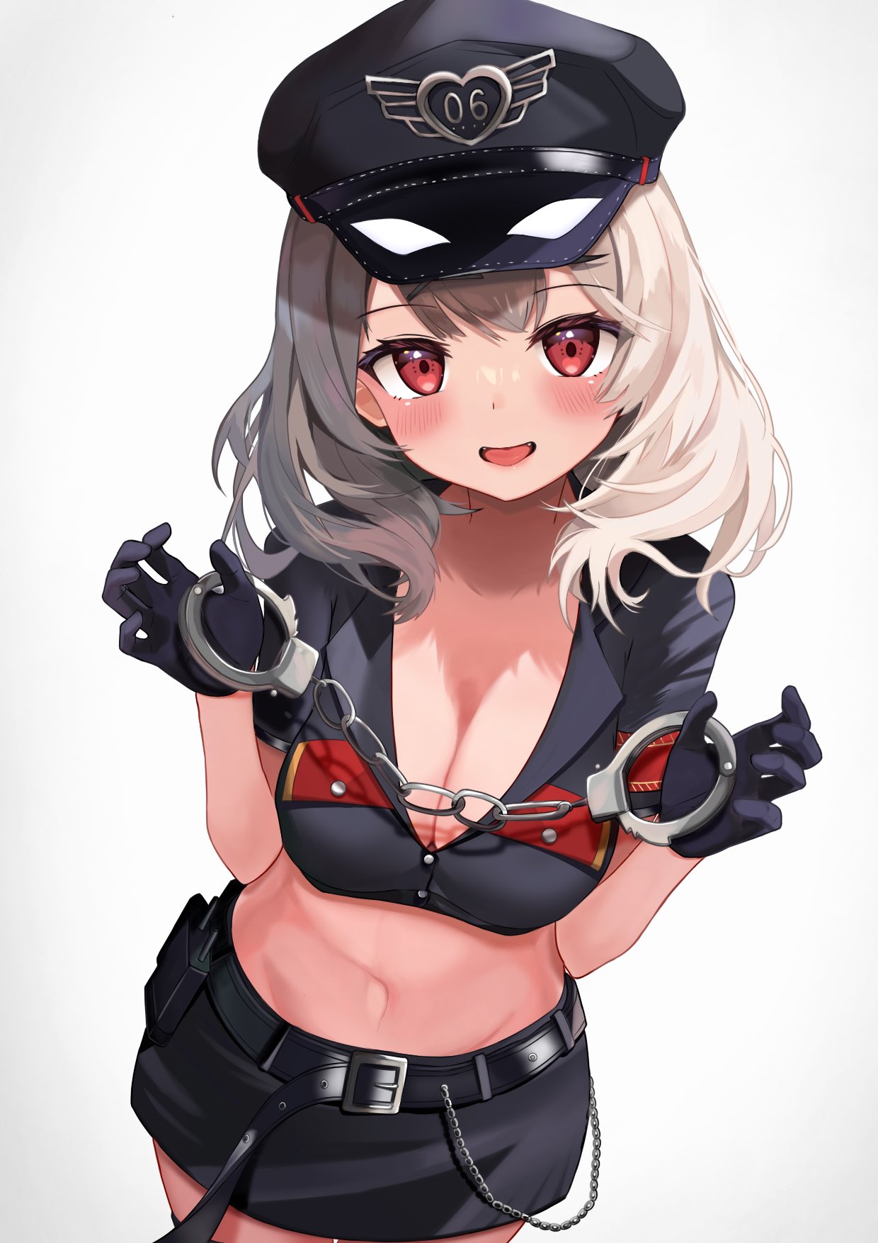1girls, belly, belt, black gloves, blonde hair, blush, breasts, chains, cleavage, commentary, crop top, cuffs, female, gloves, handcuffs, hat, highres, hololive, hololive japan, holox, large breasts, medium hair, midriff, officer, open mouth, police, police hat, police uniform, policewoman, red eyes, ryamuchan, sakamata chloe, virtual youtuber