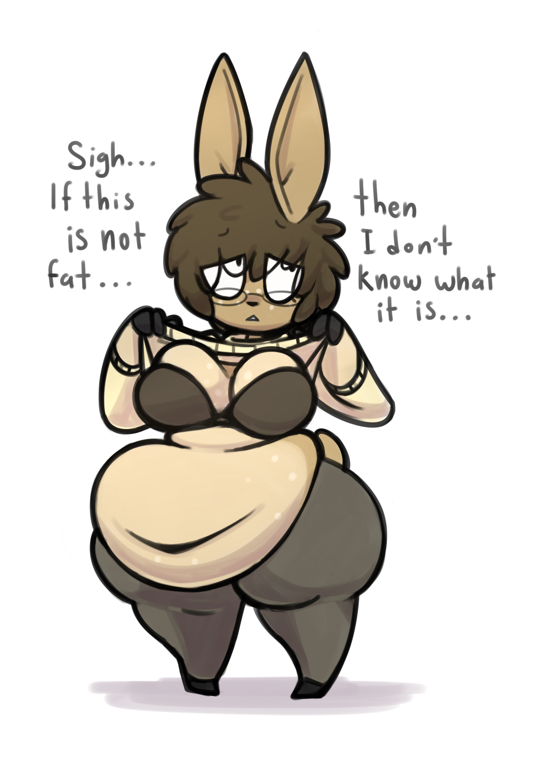 anthro big_thighs bra brown_hair chub chubby chubby_anthro chubby_female english_text fat fat_fetish fatty female female_only furry furry_only glasses long_ears maddeku shirt shirt_lift shirt_pull shirt_up sweater sweater_lift tagme tail weight_gain wide_hips