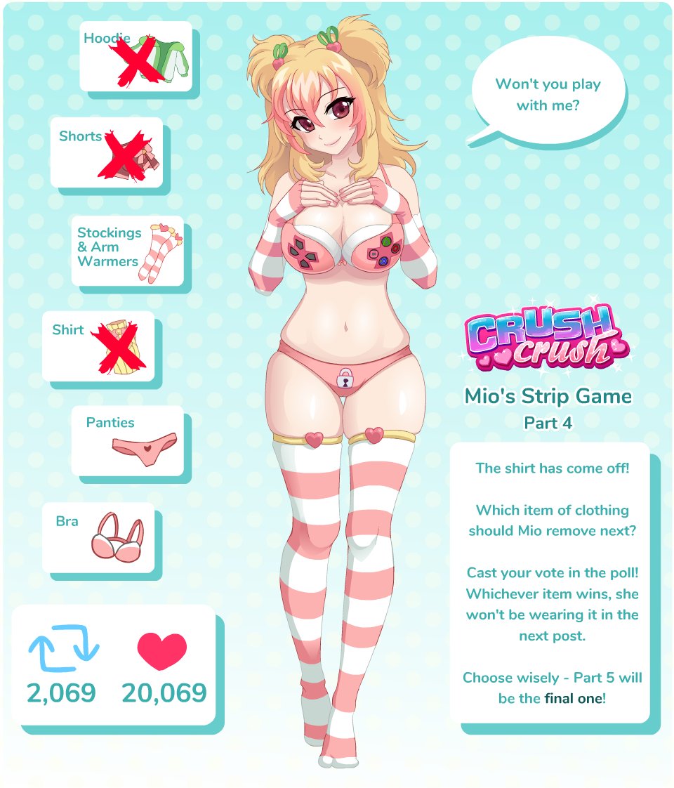 1girls bare_shoulders belly_button blonde_hair bra breasts copyright_logo crush_crush dialogue english_text eyebrows_visible_through_hair female female_only gamer_girl light-skinned_female light_skin mio_(crush_crush) official_art panties red_eyes sad_panda_studios solo solo_female stockings strip_game striped_armwear striped_legwear striped_stockings text twintails