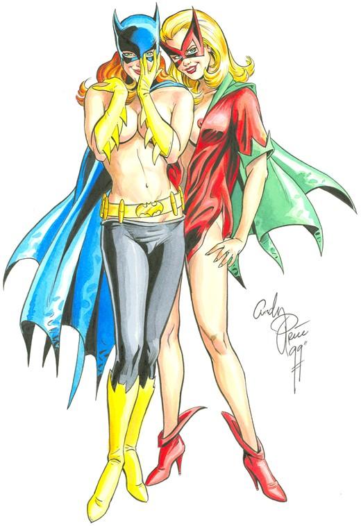 2girls andy_price barbara_gordon bat-girl batgirl batman_(series) betty_kane breasts breasts_out covering_breasts dc dc_comics pinup sketch superheroine topless topless_female