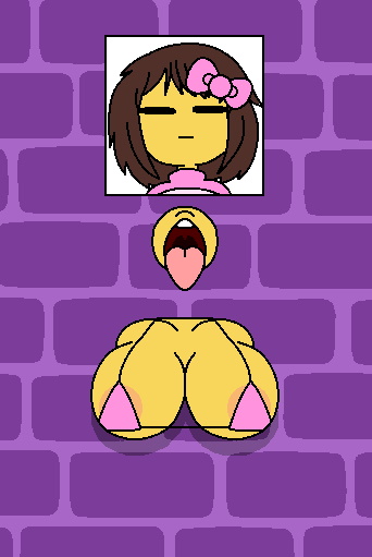 1girls 2d bikini_top bow breasts brown_hair clothing female female_only frisk glory_hole human human_female human_only shy_jaz solo through_wall undertale undertale_(series) yellow_body