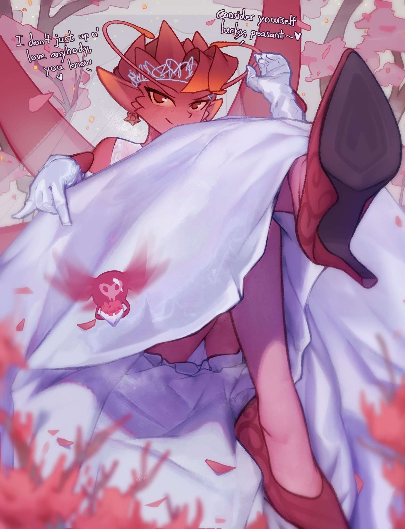 arrogant, blush, blushing, bride, cute, dark willow, dominant female, dota 2, dress, dress lift, fae, fairy, female, female only, flower, flowers, heel, looking at viewer, low-angle view, notsorapoi, panties, petals, pink body, pink eyes, smile, smirk, smug, tagme, text, tiara, tsundere, wedding, wedding dress, wedding gloves, wedding tiara, white dress, white panties