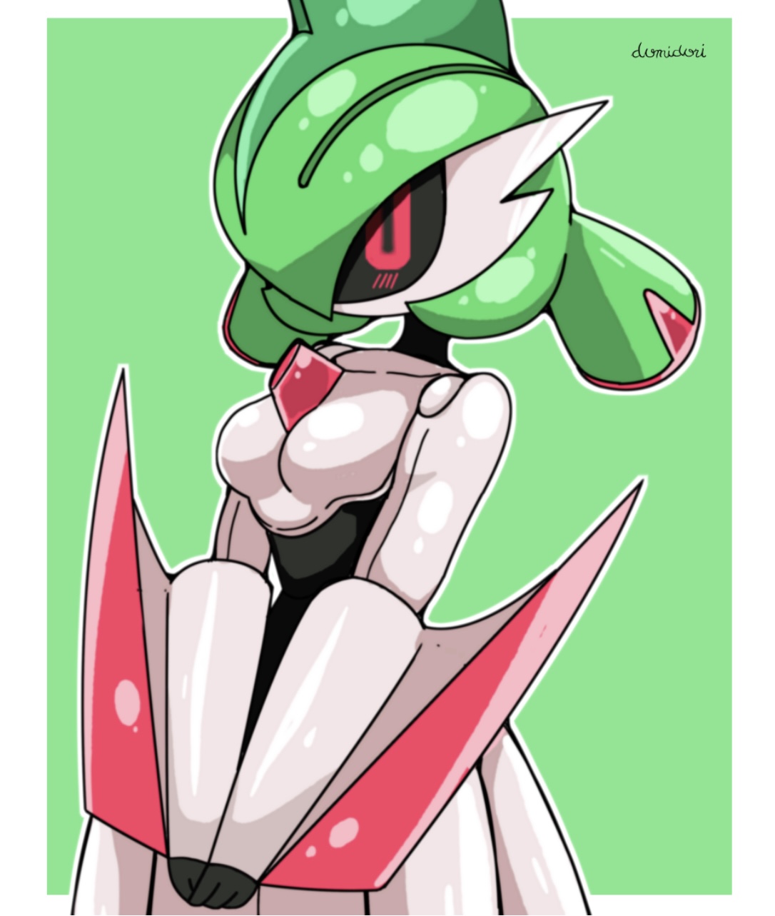 blurry, blush, breasts, doomidori, female, female only, female pokemon, glistening, green background, green hair, iron valiant, jpeg artifacts, nintendo, paradox pokemon, pink eyes, pokémon (species), pokemon, pokemon (species), pokemon only, pokemon sv, robot, robot girl, weapon