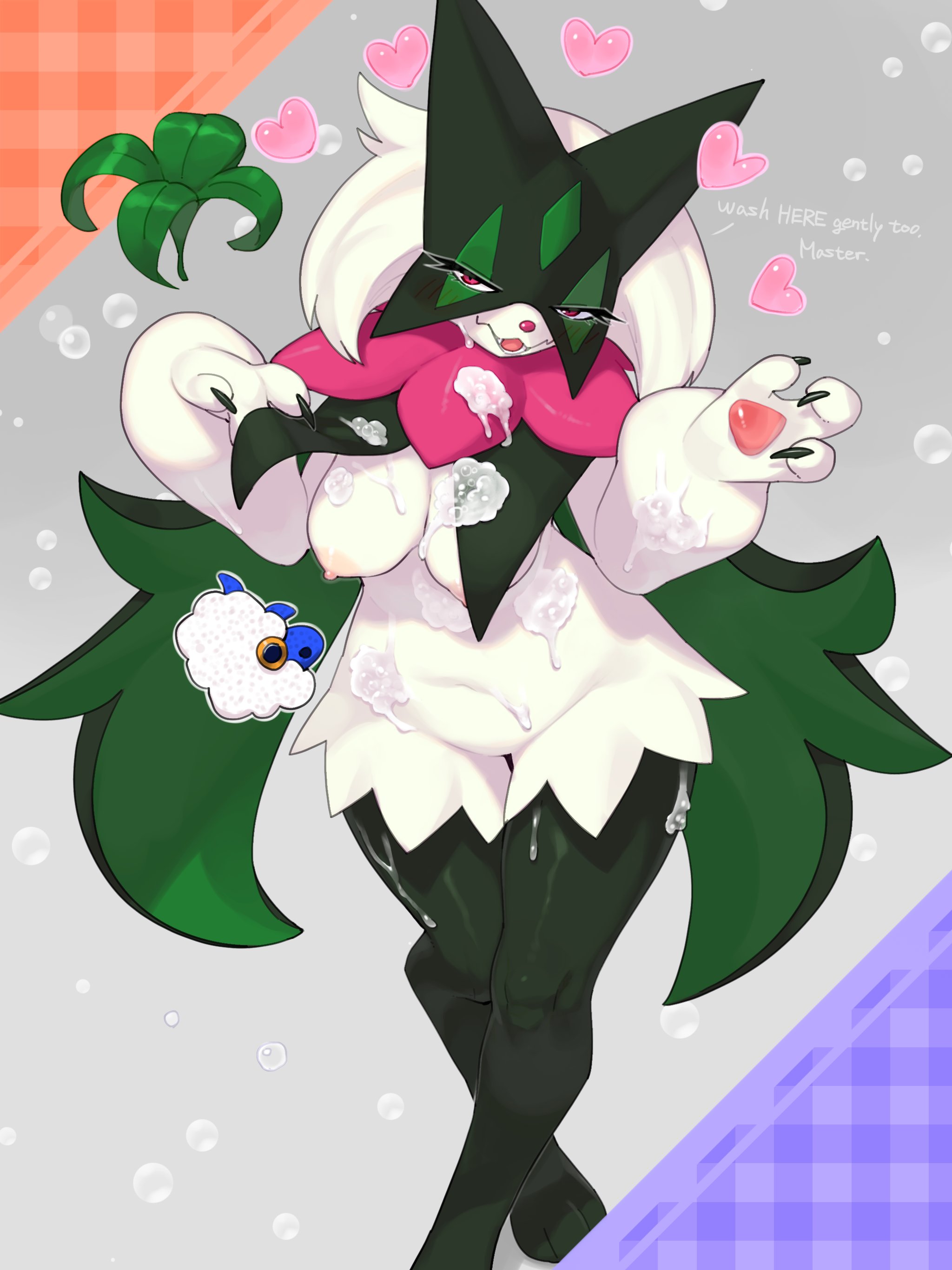 1girls, areolae, blush, breasts, female, female only, furry, heart, hi res, kame 3, looking at viewer, mammal, meowscarada, narrowed eyes, nintendo, nipples, pokémon (species), pokemon, pokemon (species), pokemon sv, red eyes, smiling at viewer, soap bubbles, solo, voluptuous