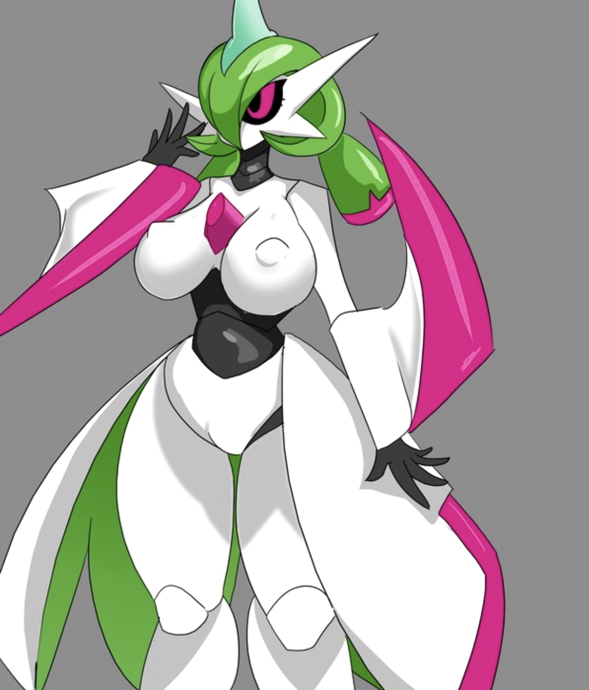 breasts, female, female focus, female only, female pokemon, generation 9 pokemon, green hair, grey background, iron valiant, killer. ez, large breasts, nintendo, nipple bulge, paradox pokemon, pink eyes, pokémon (species), pokemon, pokemon (species), pokemon only, pokemon sv, robot, robot girl, thick, thick thighs, weapon