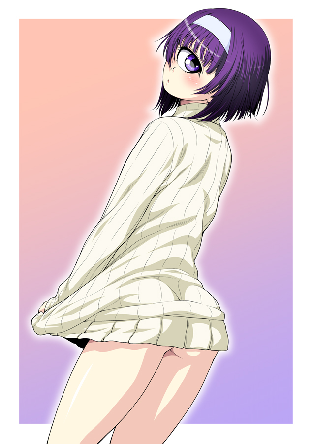 1girls ass ass_peek big_sweater blush bottomless butt cute cycles female hair looking_back manako monoeye monster_girl monster_musume_no_iru_nichijou no_panties one_eye petite purple_eye purple_hair round_ass slight_blush solo sweater sweater_only thighs topwear topwear_only