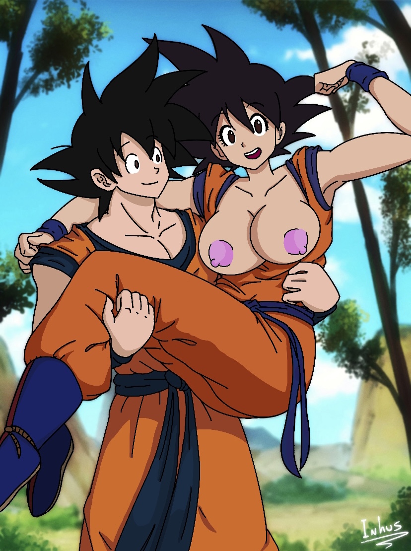 breasts brown_eyes carrying dragon_ball dragon_ball_z female_goku forest gender_transformation genderswap goku inhus jungle multiple_persona rule_63 son_goku