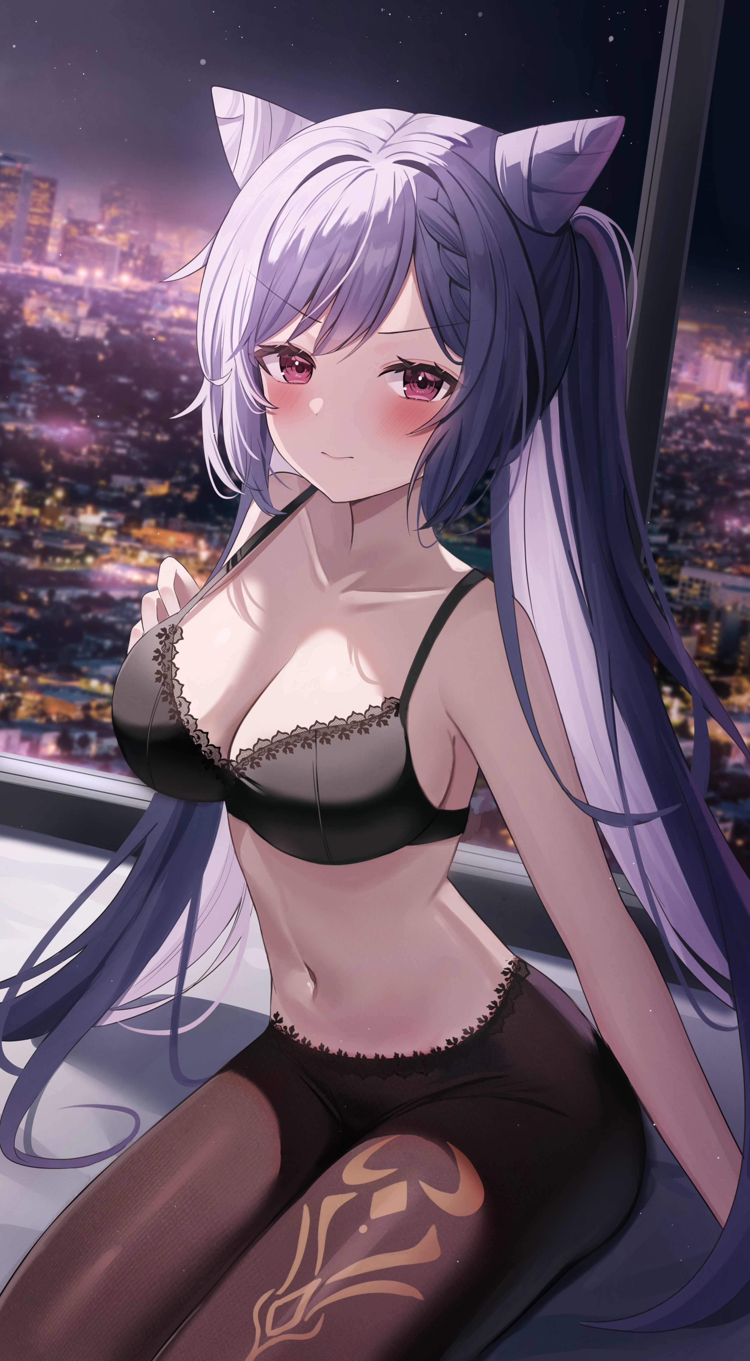 1girls, blush, bra, breasts, embarrassed, female, genshin impact, hi res, indoors, keqing (genshin impact), light skin, light-skinned female, long hair, looking at viewer, medium breasts, nannung, navel, purple eyes, purple hair, slim waist, thighs, tights, twintails