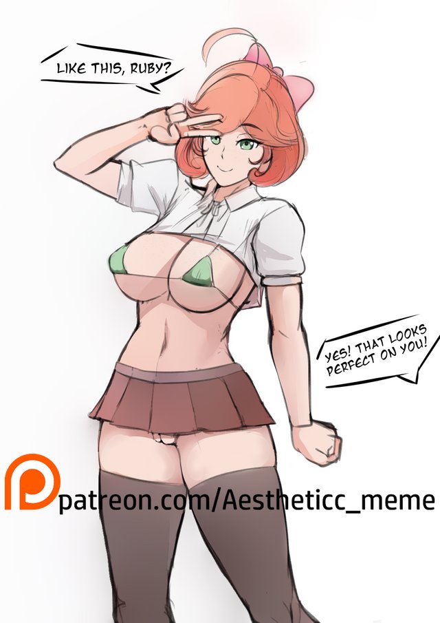 1girls aestheticc-meme big_breasts breasts closed_hand english_text female_only green_bra green_eyes light-skinned_female light_skin looking_at_viewer orange_hair patreon patreon_logo patreon_username peace_sign penny_polendina pussy ruby_rose rwby short_hair skirt slutty_outfit smile smiling smiling_at_viewer text text_bubble vagina white_shirt