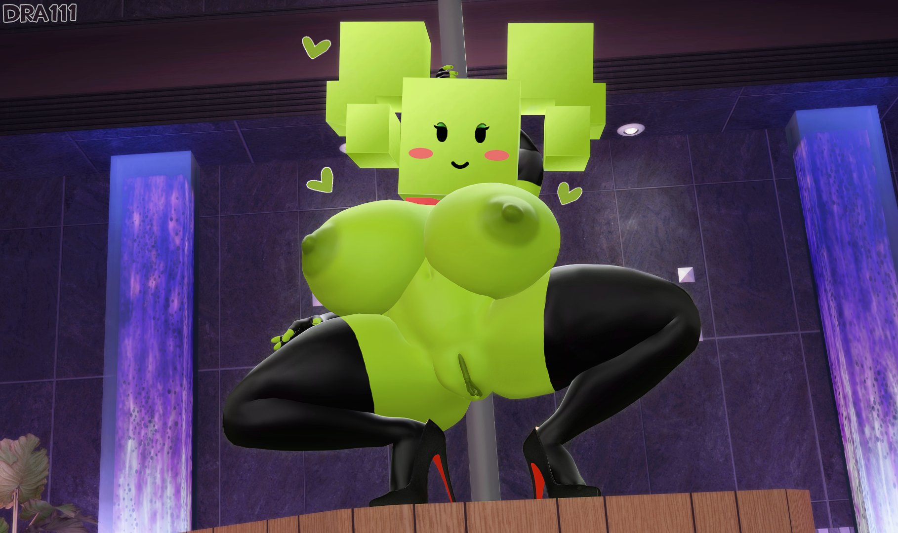 3d, big breasts, breasts, breasts focus, dra111 (artist), dragon316, female, green skin, green-skinned female, high heels, mario (series), mimi (super paper mario), mob face, nipples, paper mario, pussy, pussy focus, thighhighs