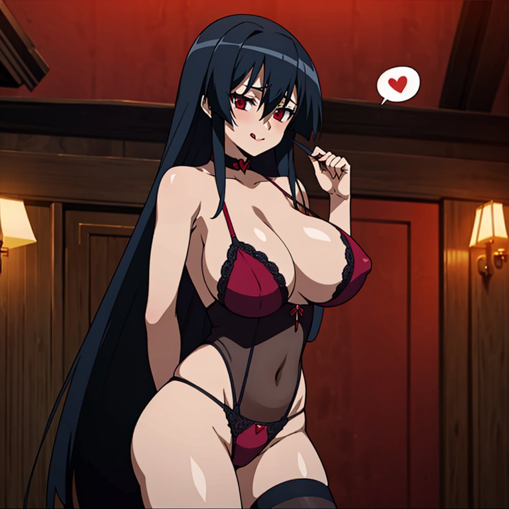 ai generated, akame (akame ga kill!), akame ga kill!, breasts, corruption, female, huge breasts, lingerie, naughty face, prostitution