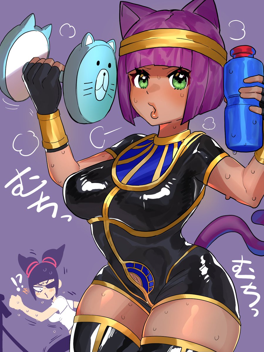 2d 2girls bob_cut capcom cat_ears cat_tail catgirl dancho_no_mori dumbbell egyptian egyptian_clothes egyptian_female female female_only green_eyes gym juri_han menat purple_hair street_fighter street_fighter_v sweat tagme thick_thighs