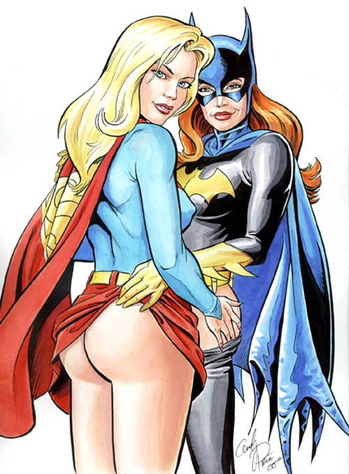 2girls andy_price barbara_gordon batgirl batman_(series) crossover dc dc_comics kara_zor-el lifting_skirt pinup pulling_down_pants sketch supergirl superheroine superman_(series)