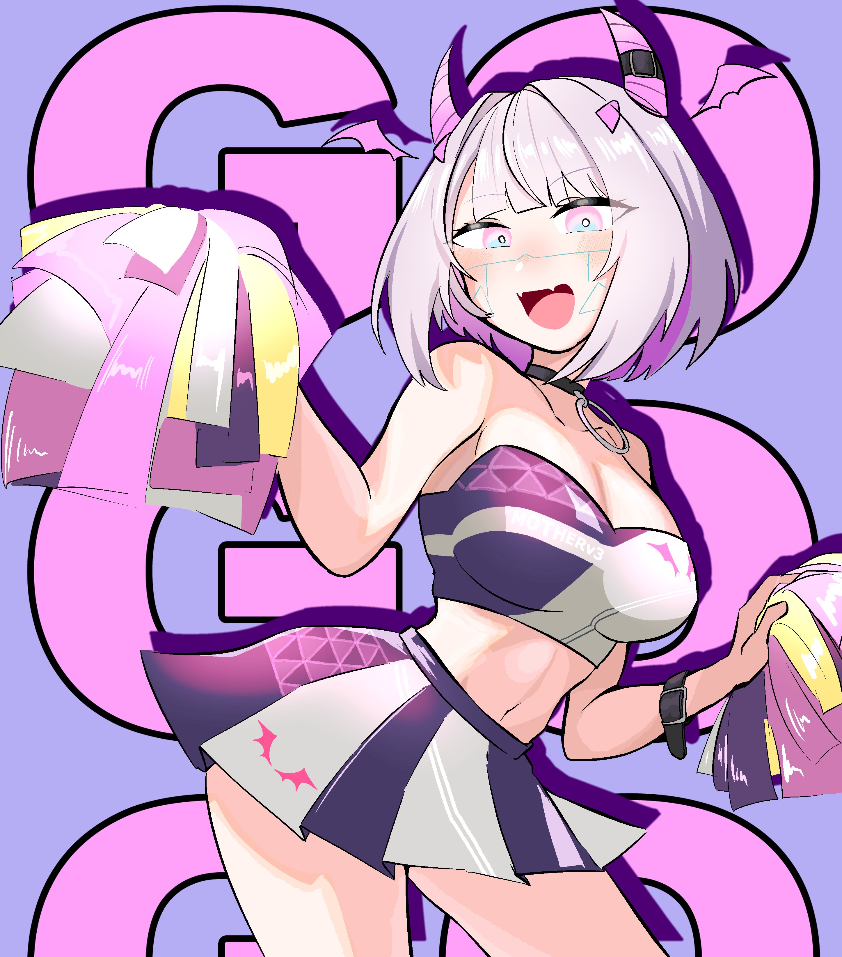 1girls, bangs, blue eyes, breasts, cheerleader, choker, clothed, clothing, crop top, eyebrows visible through hair, eyelashes, fangs, female, female focus, female only, fully clothed, horns, indie virtual youtuber, large breasts, looking at viewer, motherv3, navel, pale skin, pink eyes, pleated skirt, pom poms, shoulder length hair, simple background, skirt, smile, smiling, smiling at viewer, solo, solo female, solo focus, strapless, thighs, virtual youtuber, vtuber, white hair